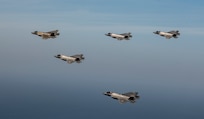 Two U.S. Air Force F-35A Lighting IIs, two ROKAF F-35As and one U.S. Navy F-35C fly in formation during integration training as part of Freedom Shield 25, March 13, 2025.