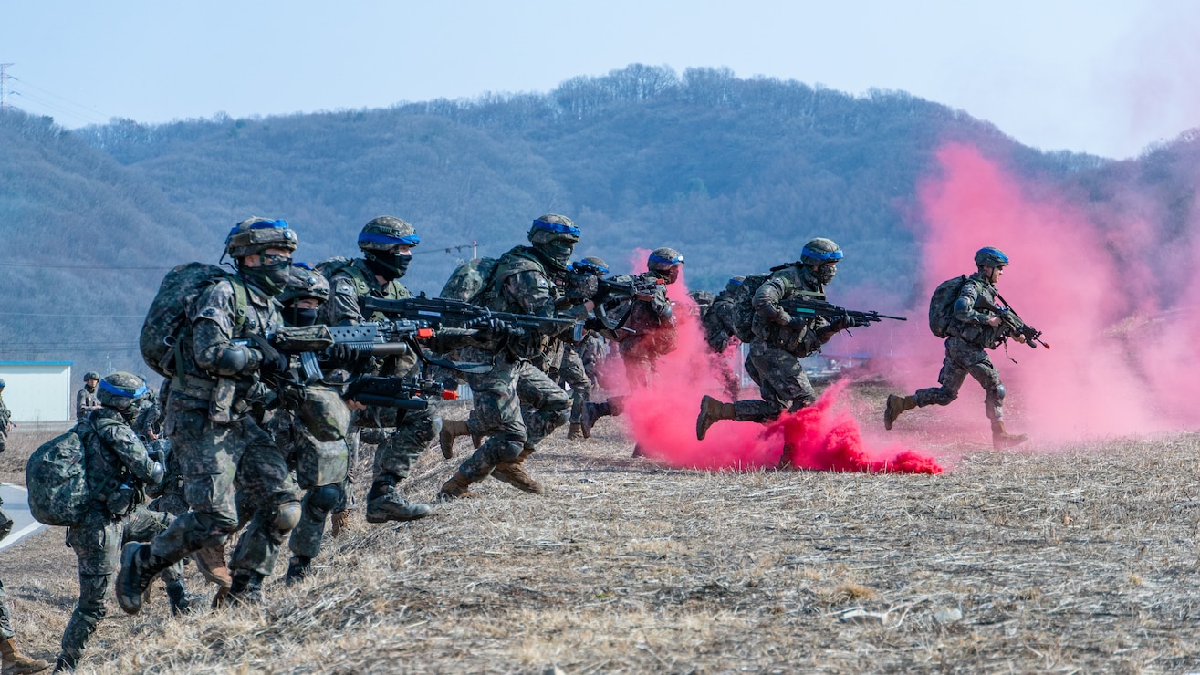 Republic of Korea soldiers assigned to 1st Infantry Division/ROK army conduct an assault, March 11, 2025 at a training facility near Paju, South Korea as part of Freedom Shield 25.
