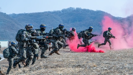 Republic of Korea soldiers assigned to 1st Infantry Division/ROK army conduct an assault, March 11, 2025 at a training facility near Paju, South Korea as part of Freedom Shield 25.