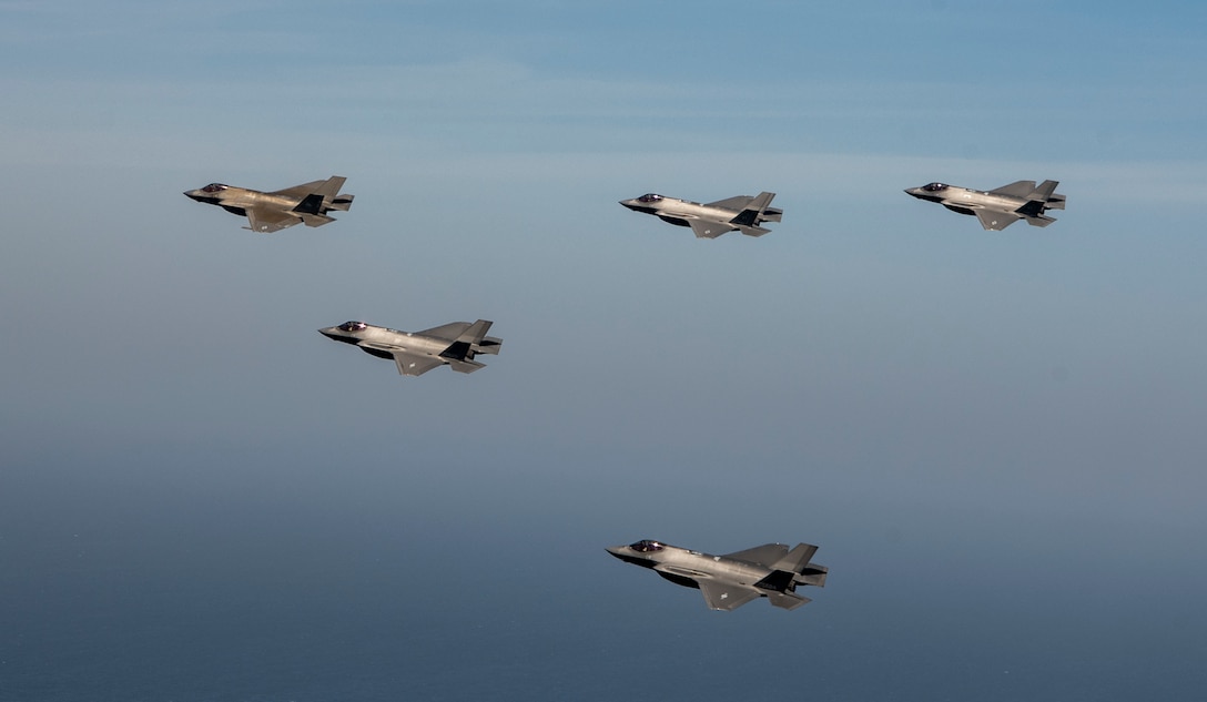 Two U.S. Air Force F-35A Lighting IIs, two ROKAF F-35As and one U.S. Navy F-35C fly in formation during integration training as part of Freedom Shield 25, March 13, 2025.