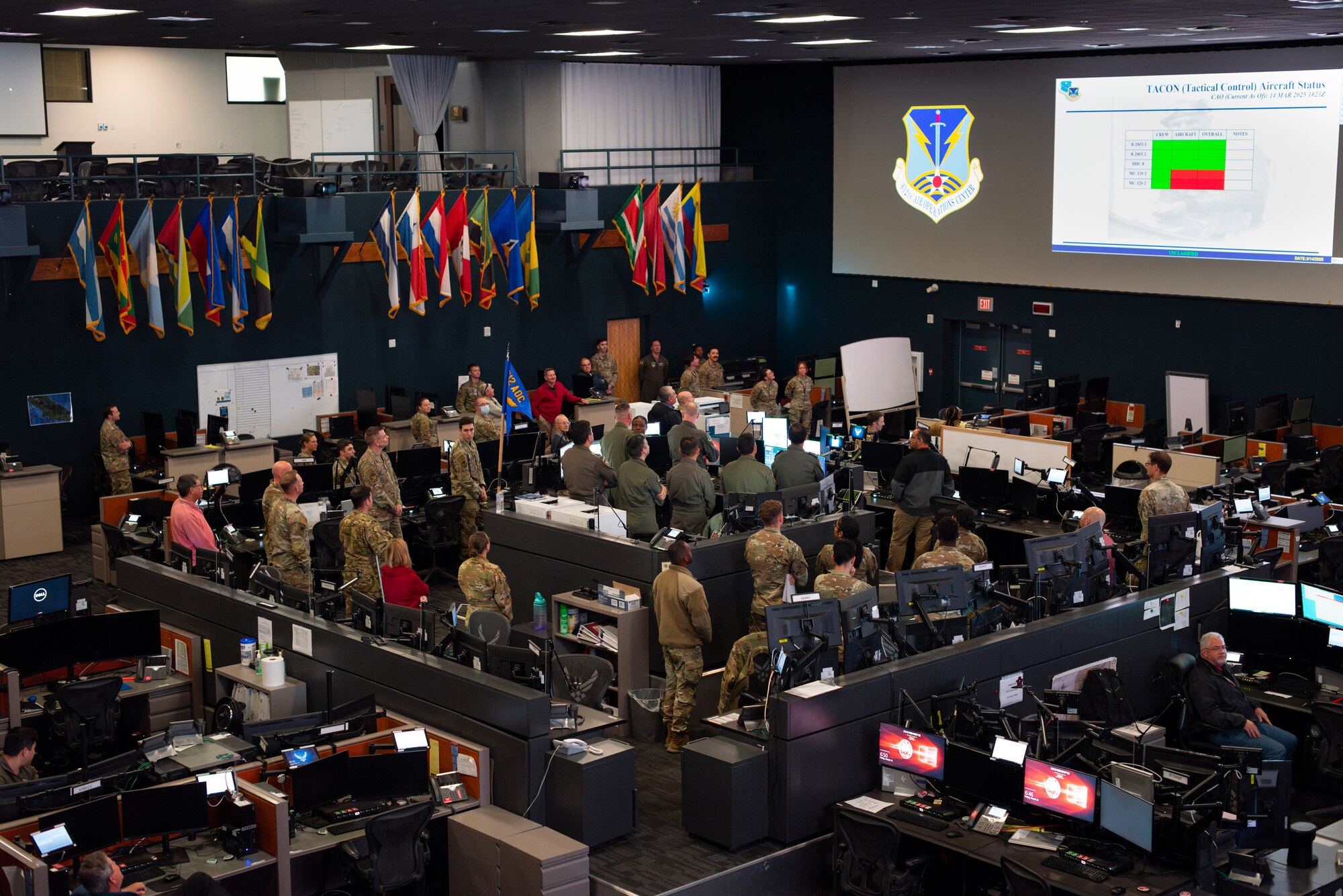 Air Forces Southern Foreign Liaison Officers attend a Combat Operations Division changeover brief at the 612th Air Operations Center (AOC) on Davis-Monthan Air Force Base, Arizona, March 14, 2025. The briefing marked phase two for the Liaison Officers from Argentina, Brazil, Chile, Colombia, Ecuador, and Peru, joining U.S. Air Force personnel at the 612th AOC, marking a significant milestone in coalition air power coordination. (U.S. Air Force photo by Tech. Sgt. Rachel Maxwell)