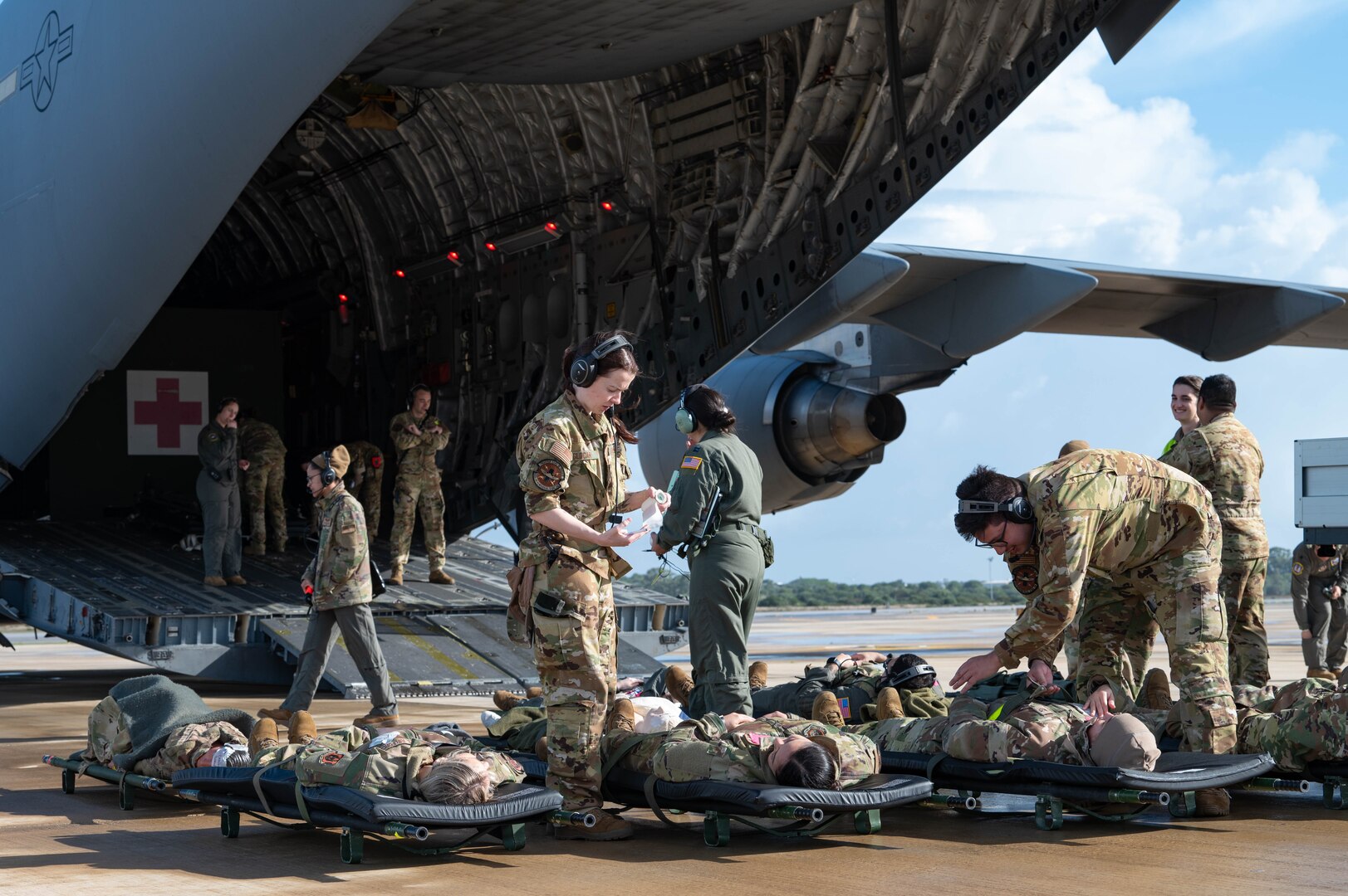 Reserve Citizen Airmen assigned to the 433rd Airlift Wing prepare medical supplies and training equipment during an aeromedical evacuation exercise onboard Naval Station (NAVSTA) Rota, Spain, March 10, 2025.