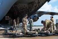 Reserve Citizen Airmen assigned to the 433rd Airlift Wing prepare medical supplies and training equipment during an aeromedical evacuation exercise onboard Naval Station (NAVSTA) Rota, Spain, March 10, 2025.