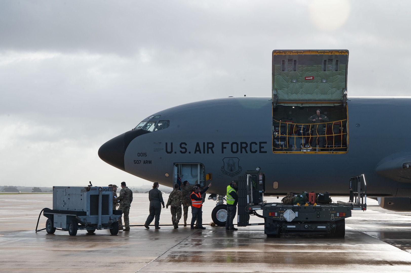 Reserve Citizen Airmen assigned to the 433rd Airlift Wing stow medical supplies and training equipment inside a KC-135 Stratotanker during an aeromedical evacuation exercise onboard Naval Station (NAVSTA) Rota,Spain, March 10, 2025.
