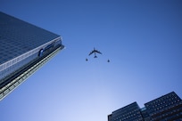 A U.S. Air Force B-52H Stratofortress conducts a low-pass over Oslo, Norway, alongside two Royal Norwegian Air Force F-35 Lightning IIs during Bomber Task Force 25-2 mission TOWER BLOCKHOUSE March 14, 2025. Bomber Task Force missions provide critical opportunities to integrate and train with regional partners. Integration Is a critical component of agile combat employment, allowing U.S. forces to adapt to evolving international security environments with speed and precision.  (Photo courtesy of the Norwegian Armed Forces)