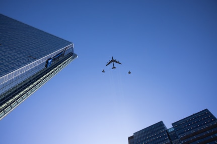 A U.S. Air Force B-52H Stratofortress conducts a low-pass over Oslo, Norway, alongside two Royal Norwegian Air Force F-35 Lightning IIs during Bomber Task Force 25-2 mission TOWER BLOCKHOUSE March 14, 2025. Bomber Task Force missions provide critical opportunities to integrate and train with regional partners. Integration Is a critical component of agile combat employment, allowing U.S. forces to adapt to evolving international security environments with speed and precision.  (Photo courtesy of the Norwegian Armed Forces)