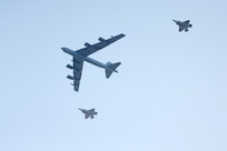 A U.S. Air Force B-52H Stratofortress conducts a low-pass over Oslo, Norway, alongside two Royal Norwegian Air Force F-35 Lightning IIs during Bomber Task Force 25-2 mission TOWER BLOCKHOUSE March 14, 2025. Bomber Task Force missions provide critical opportunities to integrate and train with regional partners. Integration Is a critical component of agile combat employment, allowing U.S. forces to adapt to evolving international security environments with speed and precision.  (Photo courtesy of the Norwegian Armed Forces)
