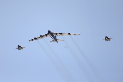 A U.S. Air Force B-52H Stratofortress conducts a low-pass over Oslo, Norway, alongside two Royal Norwegian Air Force F-35 Lightning IIs during Bomber Task Force 25-2 mission TOWER BLOCKHOUSE March 14, 2025. Bomber Task Force missions provide critical opportunities to integrate and train with regional partners. Integration Is a critical component of agile combat employment, allowing U.S. forces to adapt to evolving international security environments with speed and precision.  (Photo courtesy of the Norwegian Armed Forces)