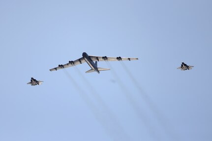 A U.S. Air Force B-52H Stratofortress conducts a low-pass over Oslo, Norway, alongside two Royal Norwegian Air Force F-35 Lightning IIs during Bomber Task Force 25-2 mission TOWER BLOCKHOUSE March 14, 2025. Bomber Task Force missions provide critical opportunities to integrate and train with regional partners. Integration Is a critical component of agile combat employment, allowing U.S. forces to adapt to evolving international security environments with speed and precision.  (Photo courtesy of the Norwegian Armed Forces)
