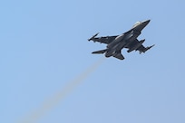 An F-16 Fighting Falcon aircraft takes off from the flight line during Freedom Shield 25.