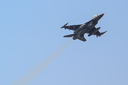 An F-16 Fighting Falcon aircraft takes off from the flight line during Freedom Shield 25.