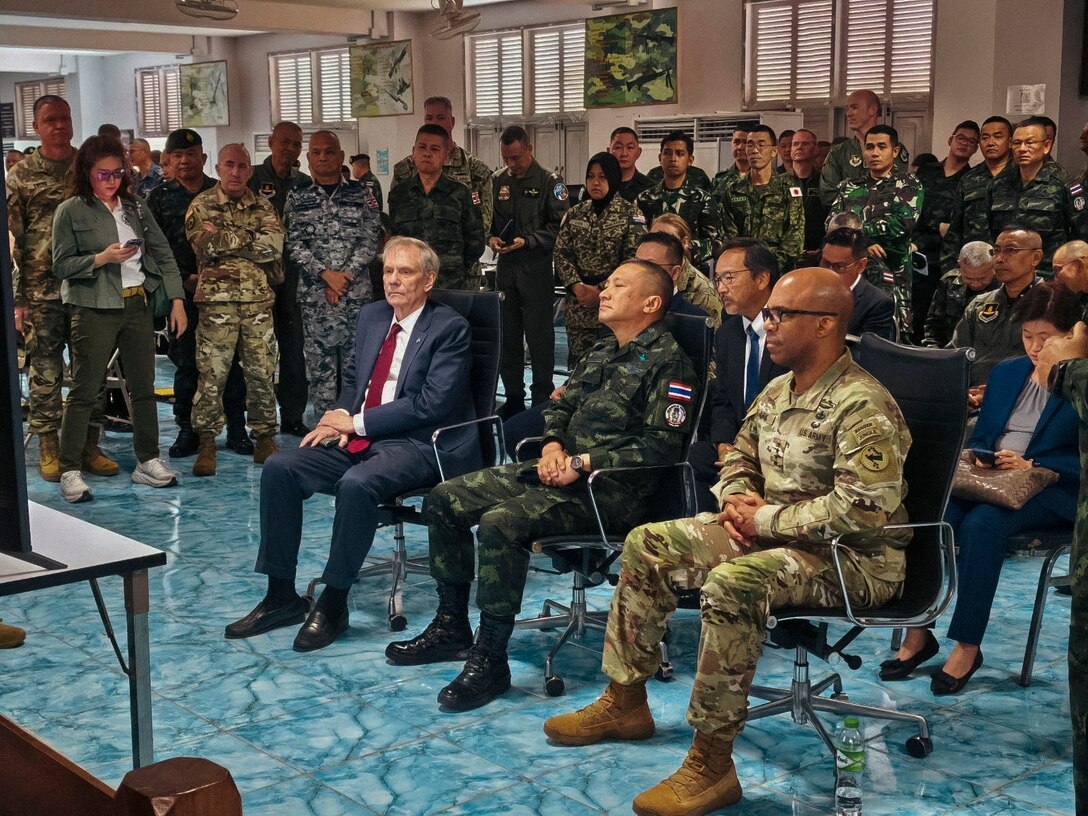 Ambassador Robert F. Godec, the U.S. Ambassador to Thailand, observes a presentation during the Cobra Cold 25 CYBEREX, March 4, 2025. U.S. Marines with 9th Communication Battalion, I Marine Expeditionary Force Information Group, alongside service members with the Royal Thai Armed Forces, Japan Ground Self-Defense Force, Malaysia, Indonesia, Singapore, Australia, and Republic of Korea Marines, participate in the training event. The exercise focused on building and improving basic defensive cyber capabilities critical for enabling integrated deterrence against threat cyber operations. Cobra Gold is the largest joint and combined exercise in mainland Asia, held annually in Thailand, showcasing the U.S. commitment to the region by building interoperability, multilateral cooperative arrangements, and advancing common interests through our commitment to allies and partners in ensuring a free and open Indo-Pacific. MRF-SEA is a rotational unit derived from elements of I MEF executing a U.S. Marine Corps Forces, Pacific operational model that involves training events and exchanges with partner military subject matter experts, promotes security goals with allied and partner nations, and ensures a persistent I MEF stand-in presence west of the international date line. (Courtesy Asset)