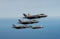 Two U.S. Air Force F-35A Lighting IIs fly in formation with two ROKAF F-35As during Freedom Shield 25, a defense-oriented exercise featuring live, virtual, and field-based training, March 13, 2025.