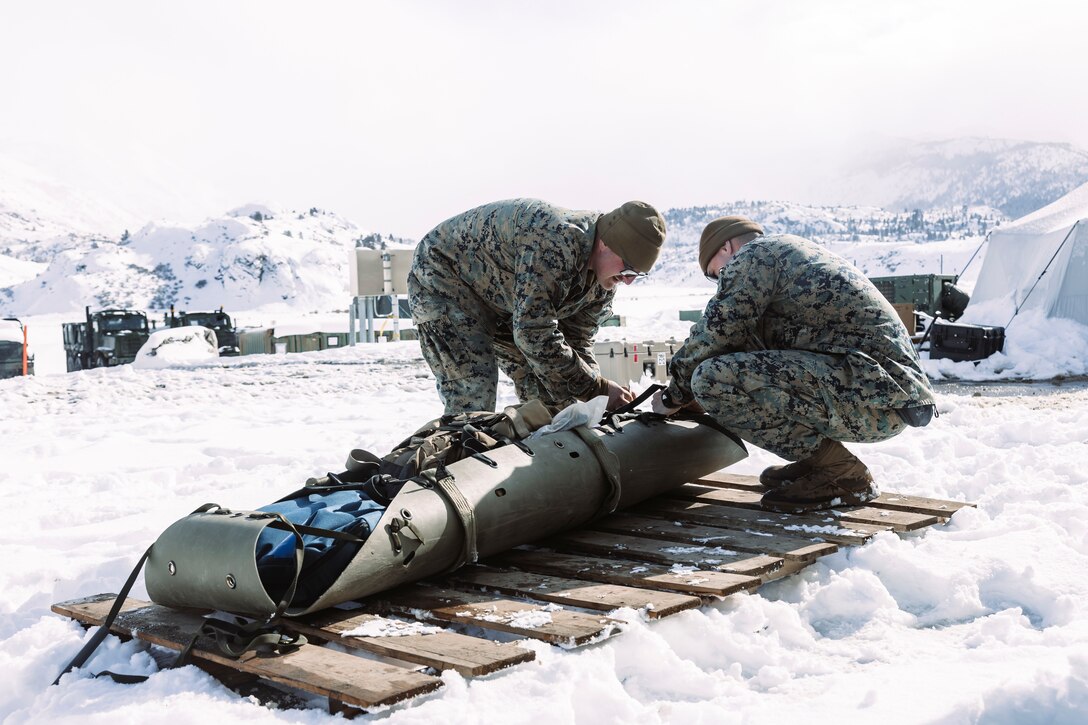 U.S. Marine Corps Cpl. Keith Abraham, left, an intelligence specialist, and U.S. Navy Hospital Corpsman 3rd Class William Debruler, both with Combat Logistics Battalion 6, Combat Logistics Regiment 2, 2nd Marine Logistics Group, secure medical supplies onto a litter during Mountain Training Exercise 2-25 at Marine Corps Mountain Warfare Training Center Bridgeport, California, March 13, 2025. MTX 2-25 is designed to prepare units to strengthen expeditionary warfare tactics and build confidence in their abilities to operate in a cold weather, high-altitude, mountainous environment. (U.S. Marine Corps photo by Sgt. Mary Torres)