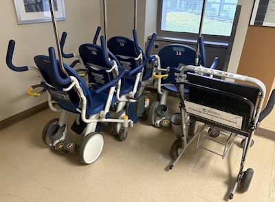 Wheelchairs belonging to Walter Reed's Patient Transport team assist in helping to get beneficiary with mobility challenges to different locations in the hospital, allowing them to make their appointments on time.