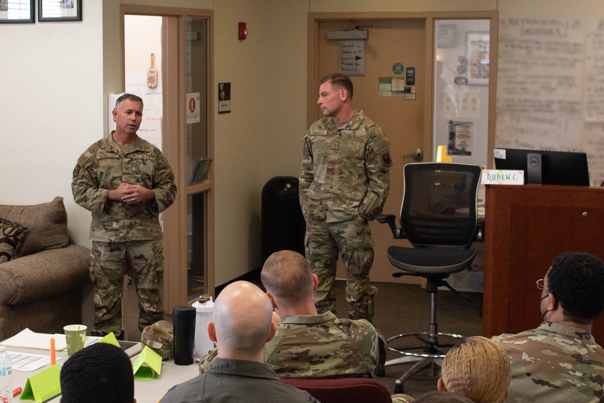 U.S. Air Force Col. Jeff McMaster, 27th Special Operations Wing deputy commander, and U.S. Air Force Chief Master Sgt. Mark Marberg, 27th Special Operations Mission Support Group senior enlisted leader, deliver opening remarks to the students of the First Term Officers Course at Cannon Air Force Base, New Mexico, March 12, 2025. FTOC is a new professional development course intended to bridge the gap between commissioning programs and professional military education courses. (U.S. Air Force photo by Tech. Sgt. Jacob Albers)