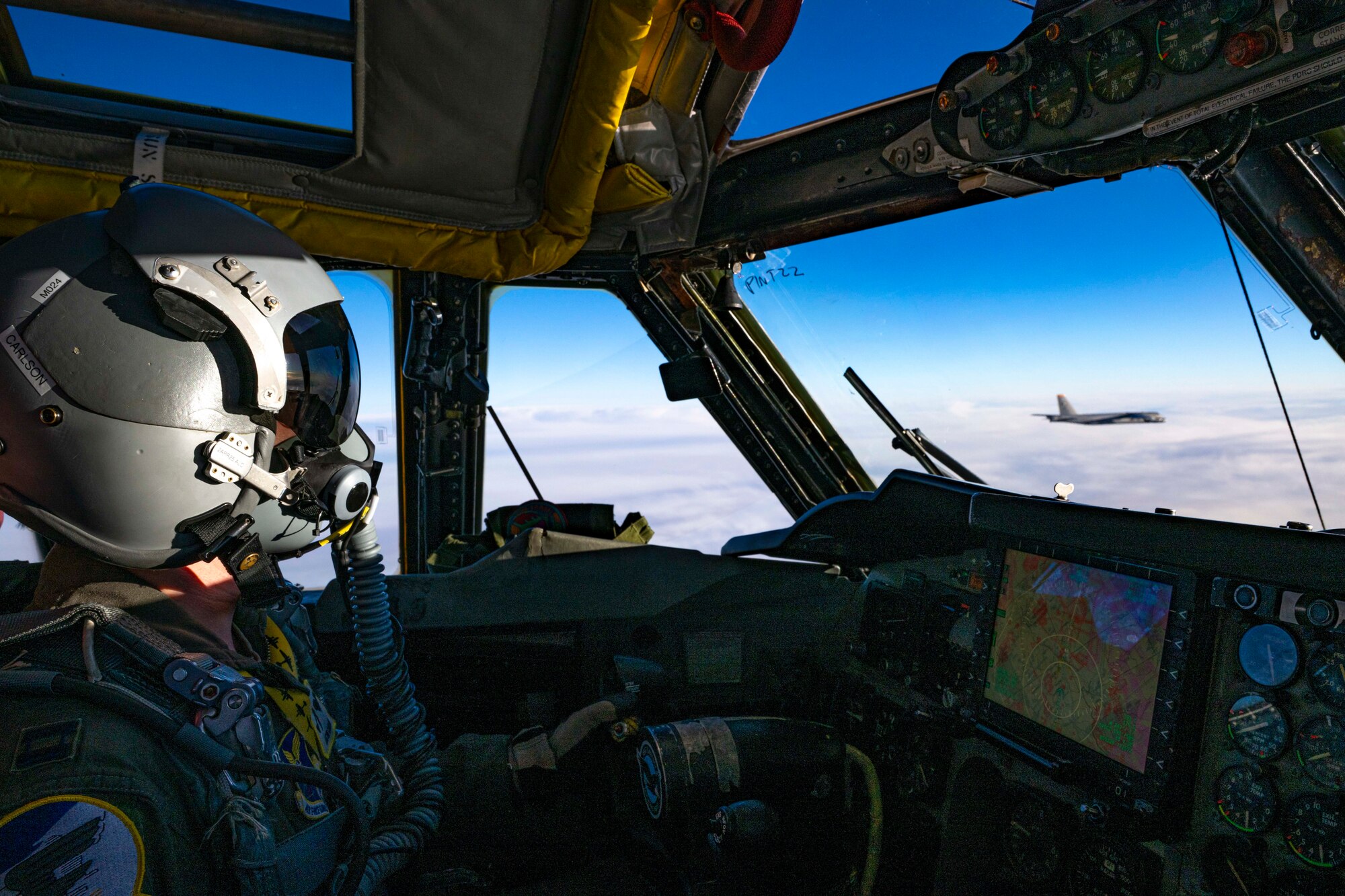 A U.S. Air Force B-52H Stratofortress flies over the skies of Sweden for their one-year celebration of their acceptance into NATO