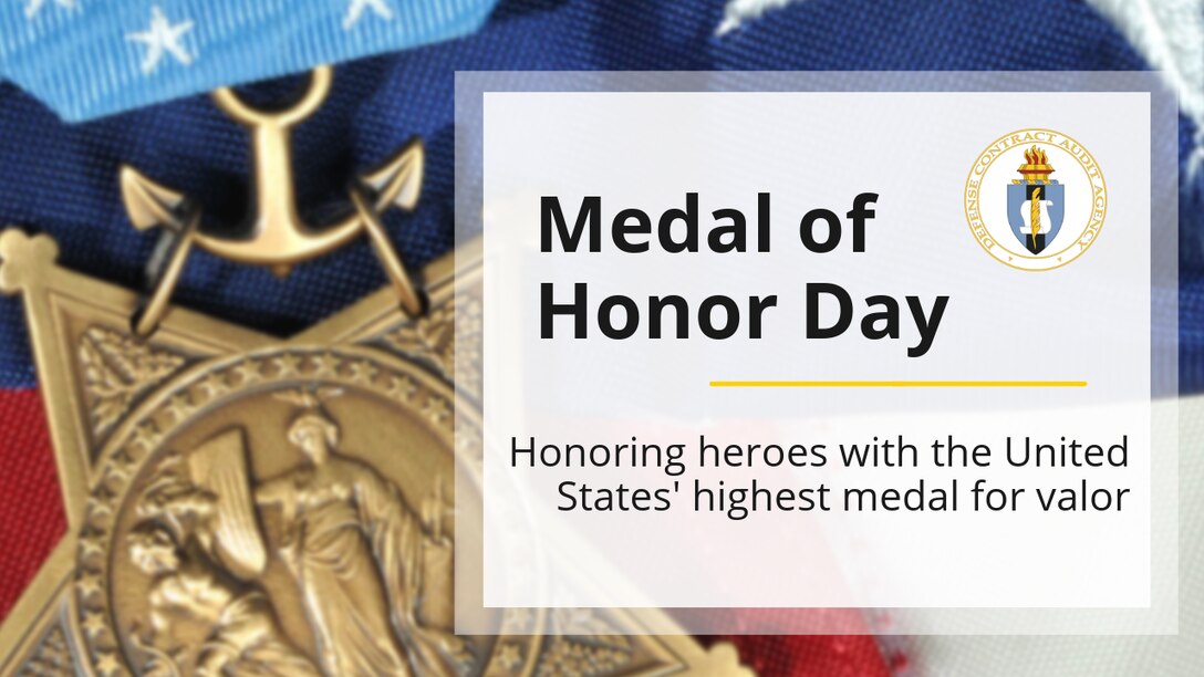Text banner with medal in background.