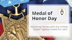 Text banner with medal in background.