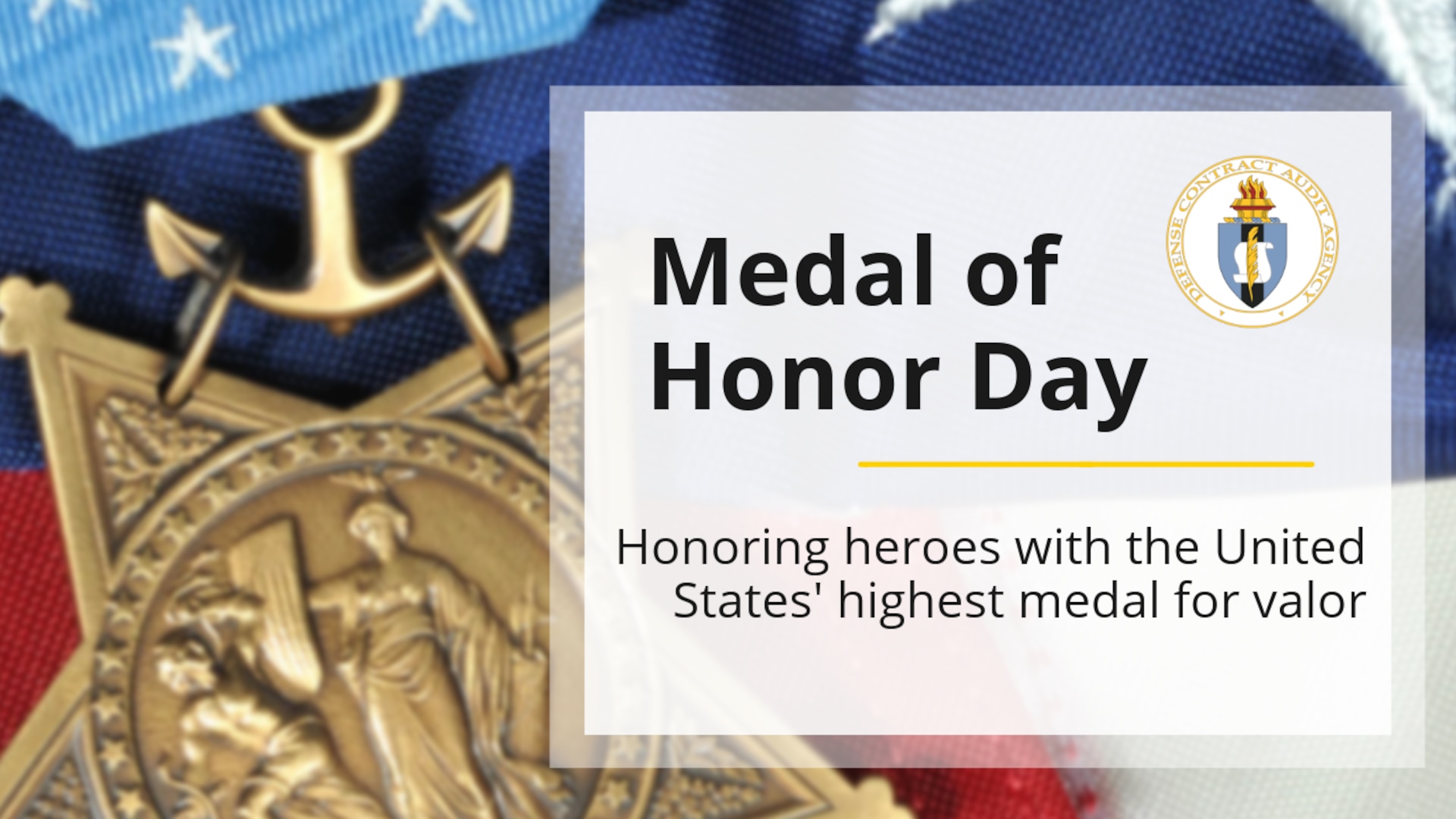 Text banner with medal in background.