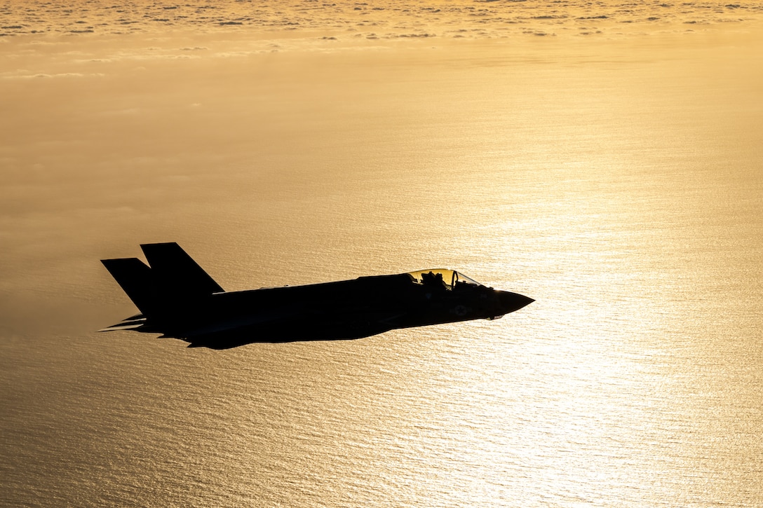 A U.S. Marine Corps F-35C Lightning II assigned to 3rd Marine Aircraft Wing prepares to depart a formation as part of Project Legacy off the coast of San Diego, March 4, 2025. The Project Legacy flight was an opportunity for all aircraft platforms across Marine Aircraft Group 11 to fly as one team, practice tight formations, and take part in the documentation of a historical flight. (U.S. Marine Corps photo by Lance Cpl. Jennifer Sanchez)