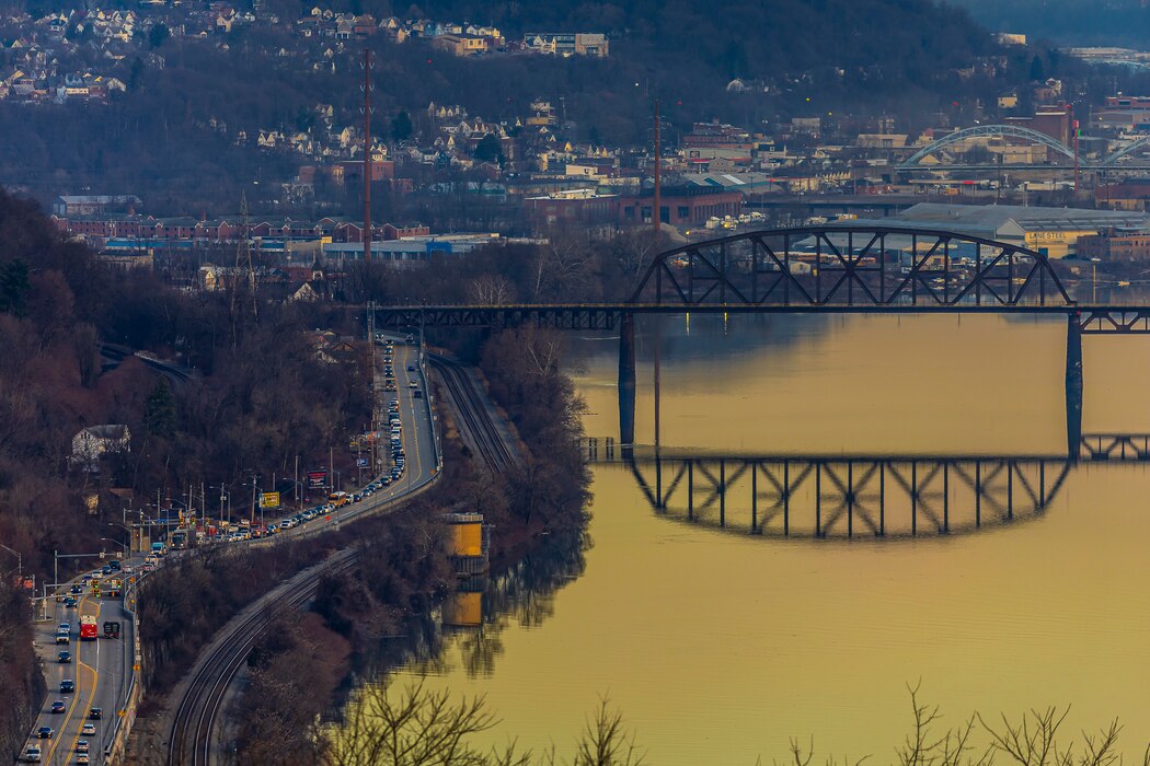 The sun rises over the Pittsburgh skyline March 13, 2025.