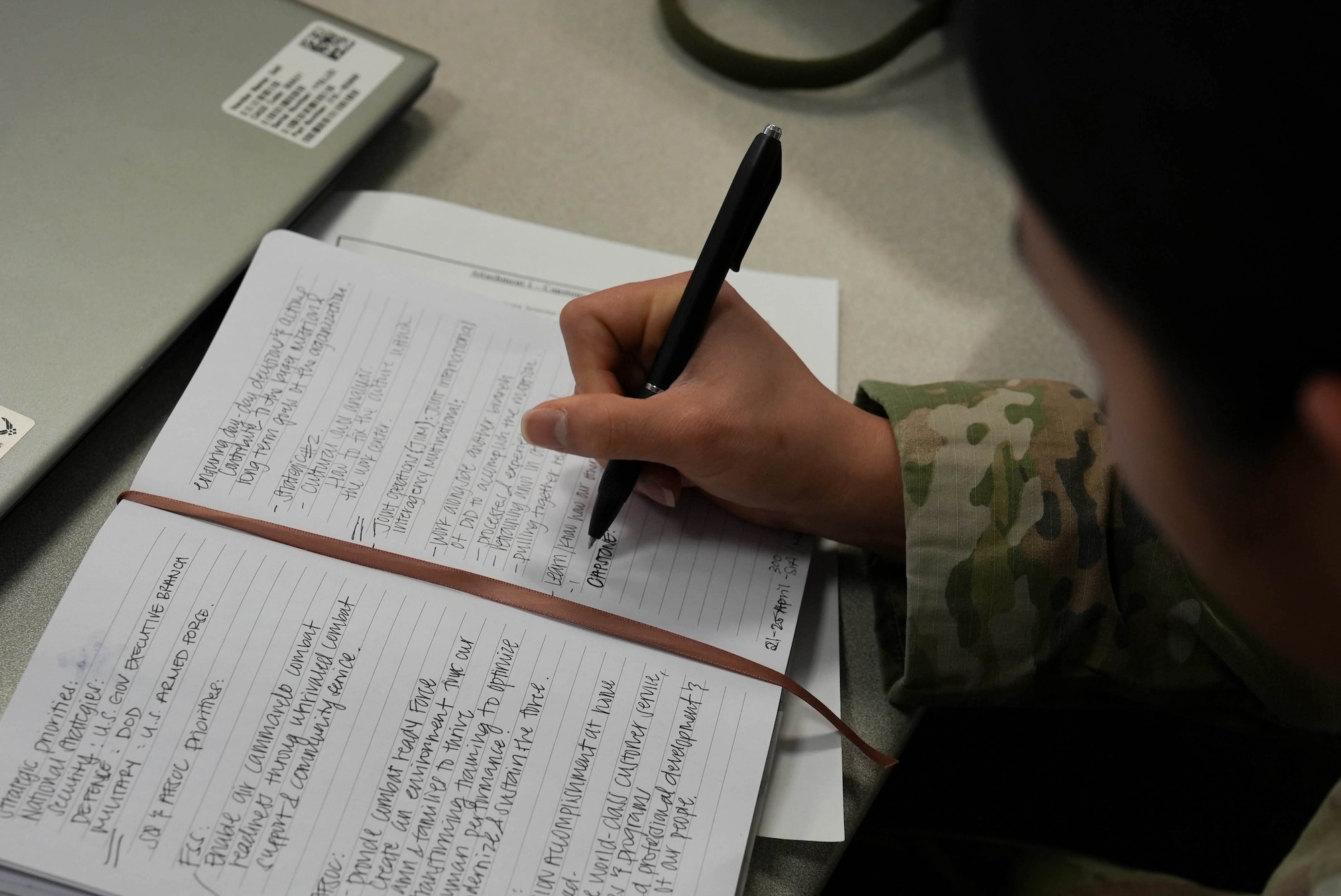 A student prepares for the capstone exam in the Non-commissioned Officer Foundations 500 course at Cannon Air Force Base, New Mexico, Feb. 28, 2025. The NCO Foundations 500 course is designed to bridge the gap between Airman Leadership School and the Noncommissioned Officer Academy. (U.S. Air Force photo by Staff Sgt. Kevin Williams)