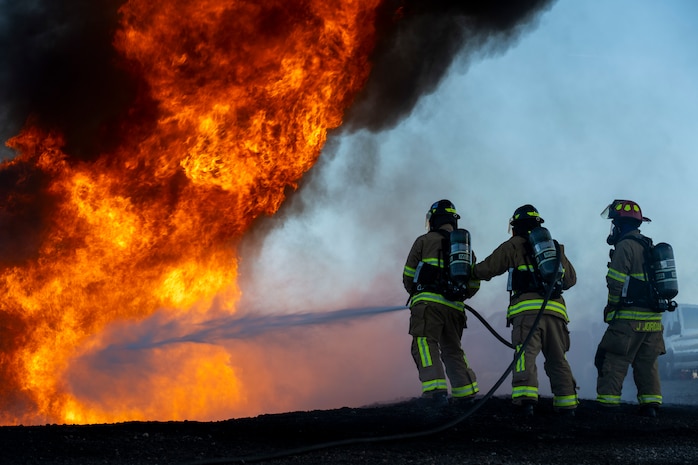 Hill and Mountain Home Air Force Base firefighters joined for training exercise where they tested equipment configured for new firefighting foam Fluorine-Free Foam on a JP-8 fuel burning fire.