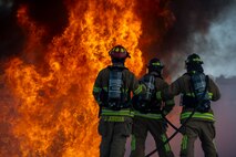 Hill and Mountain Home Air Force Base firefighters joined for training exercise where they tested equipment configured for new firefighting foam Fluorine-Free Foam on a JP-8 fuel burning fire.