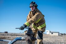 Hill and Mountain Home Air Force Base firefighters joined for training exercise where they tested equipment configured for new firefighting foam Fluorine-Free Foam on a JP-8 fuel burning fire.