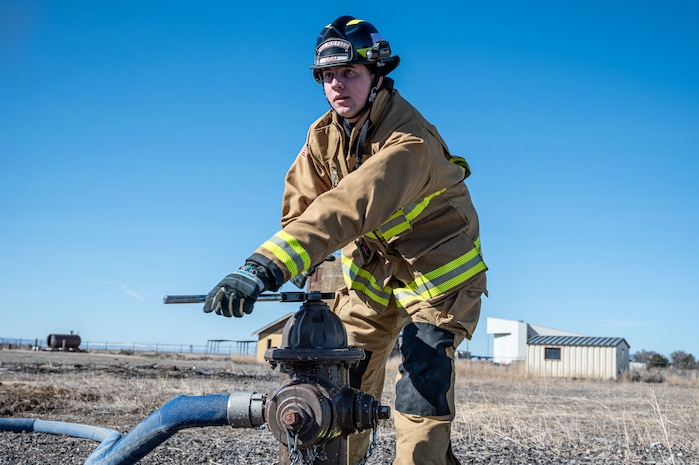Hill and Mountain Home Air Force Base firefighters joined for training exercise where they tested equipment configured for new firefighting foam Fluorine-Free Foam on a JP-8 fuel burning fire.