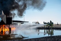Hill and Mountain Home Air Force Base firefighters joined for training exercise where they tested equipment configured for new firefighting foam Fluorine-Free Foam on a JP-8 fuel burning fire.