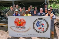 Service members assigned to the 829th Engineer Vertical Construction Company, 724th Engineer Battalion, 157th Mobilization Enhancement Brigade, Wisconsin National Guard; the 65th Air Base Recovery Squadron, Royal Australian Air Force, and the Papua New Guinea Defence Force, pose for a photo at the PNGDF Air Transport Wing in Port Moresby, Papua New Guinea March 13, 2025. The Wisconsin National Guard and Papua New Guinea are State Partnership Program partners.