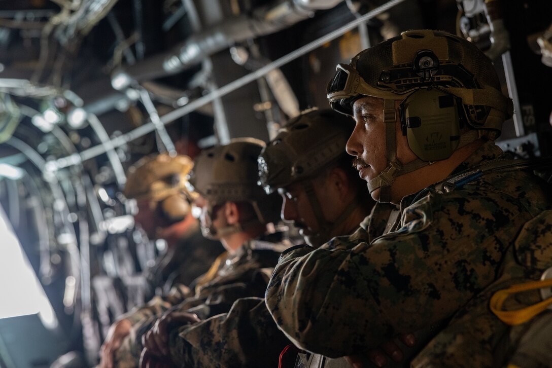 U.S. Marines with 2nd Distribution Support Battalion, Combat Logistics Regiment 2, 2nd Marine Logistics Group, prepare to conduct a static line jump over Camp Davis, North Carolina, on March 13, 2025. 2nd DSB conducted this training to increase parachuting and jumpmaster proficiency while enhancing the tactical and operational readiness of its Marines for future real-world operations. (U.S. Marine Corps photo by Cpl. Christian Salazar)