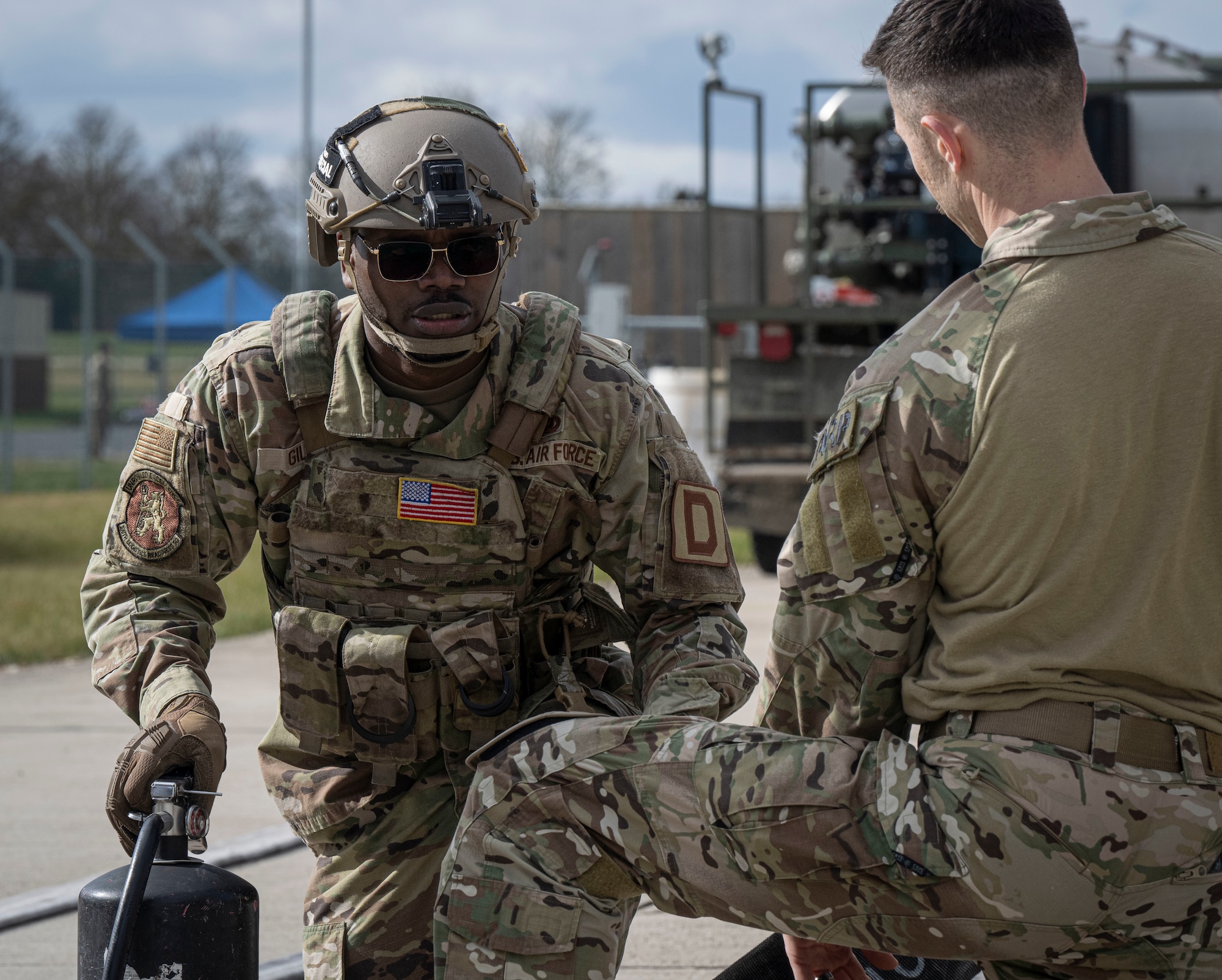 U.S. Air Force Master Sgt. Anthony Gilbert, 100th Logistics Readiness Squadron acting first sergeant, rests before the next stage of his forward area refueling point team tryout at RAF Mildenhall, England, March 14, 2025.