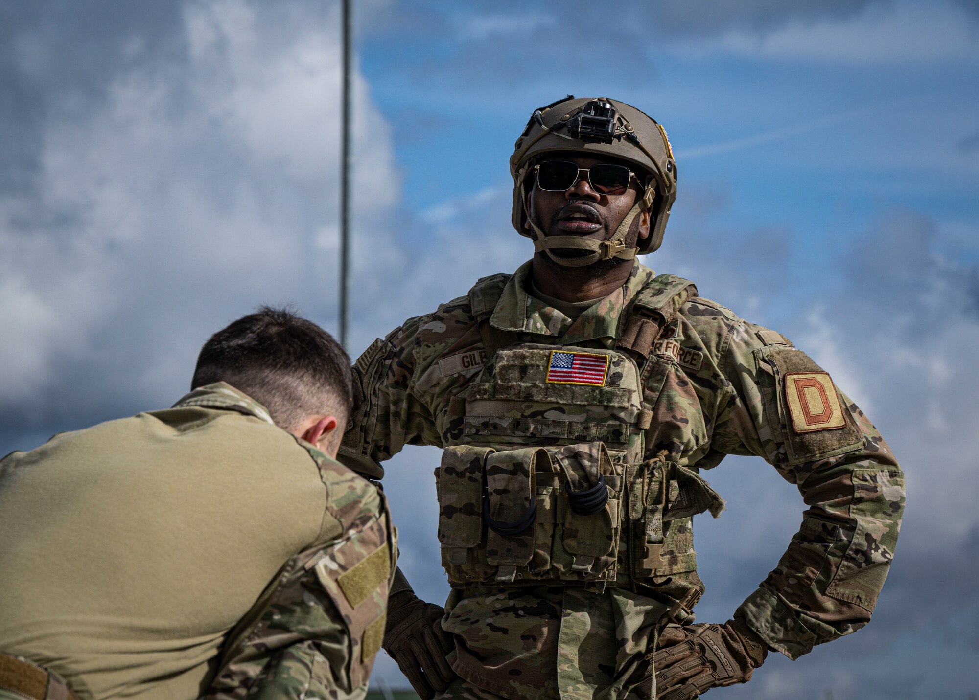U.S. Air Force Master Sgt. Anthony Gilbert, 100th Logistics Readiness Squadron acting first sergeant, stands to catch his breath during his forward area refueling point team tryout at RAF Mildenhall, England, March 14, 2025.