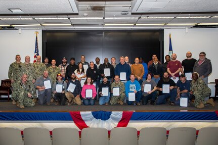 Norfolk Naval Shipyard (NNSY) Commander Captain Jip Mosman recognized members of the NAVFAC Public Works Department (PWD) March 10 for providing exemplary support in recovery operations following the February 19, 2025 snowstorm at NNSY and Naval Support Activity—Portsmouth Virginia (NSA-PV).