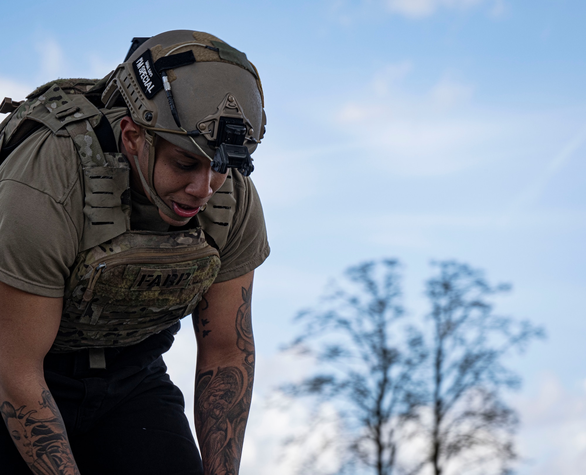 U.S. Air Force Staff Sgt. Rasean Chong, 100th Logistics Readiness Squadron refueler and fire truck maintenance noncommissioned officer in charge, catches his breath while participating in his forward area refueling point team tryout at RAF Mildenhall, England, March 14, 2025.