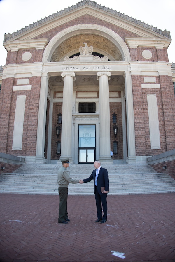 U.S. Marine Corps Sgt. Maj. Carlos A. Ruiz, the sergeant major of the Marine Corps, meets and speaks with Marine Corps officers attending National Defense University at the National War College, Washington, D.C., March 12, 2025. Ruiz spoke with the Marines and faculty on the topic of preparing today for the unknown conflict of tomorrow. (U.S. Marine Corps photo by GySgt Jordan E. Gilbert)