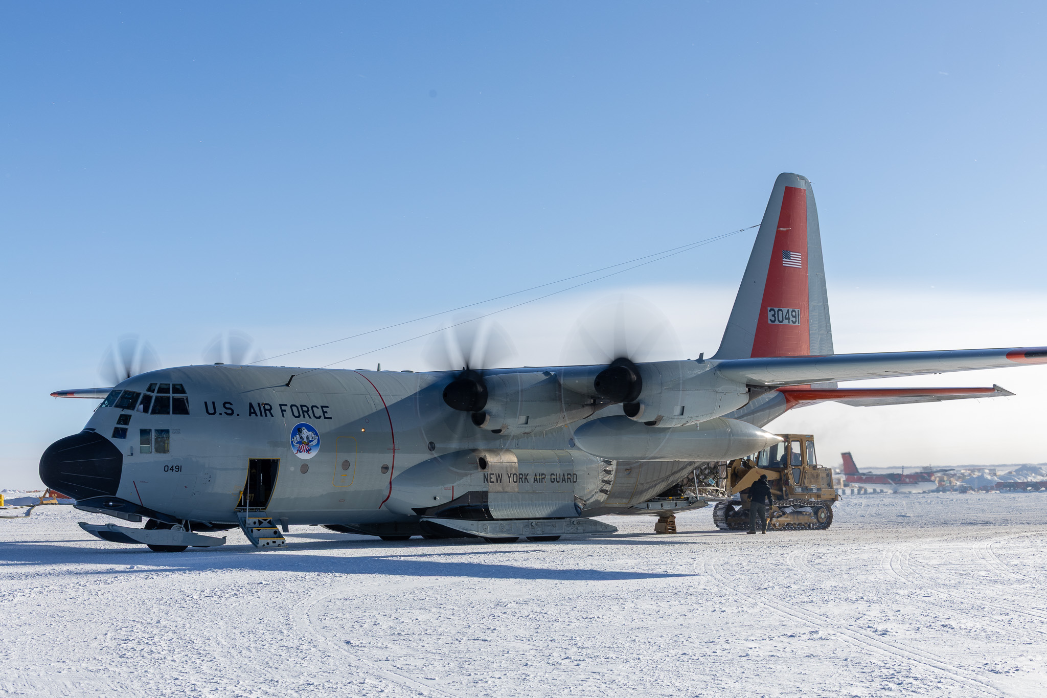 An LC-130 assigned to the 109th Airlift Wing, New York Air National Guard at McMurdo Station, Antarctica during the 2024-25 Operation Deep freeze support season.