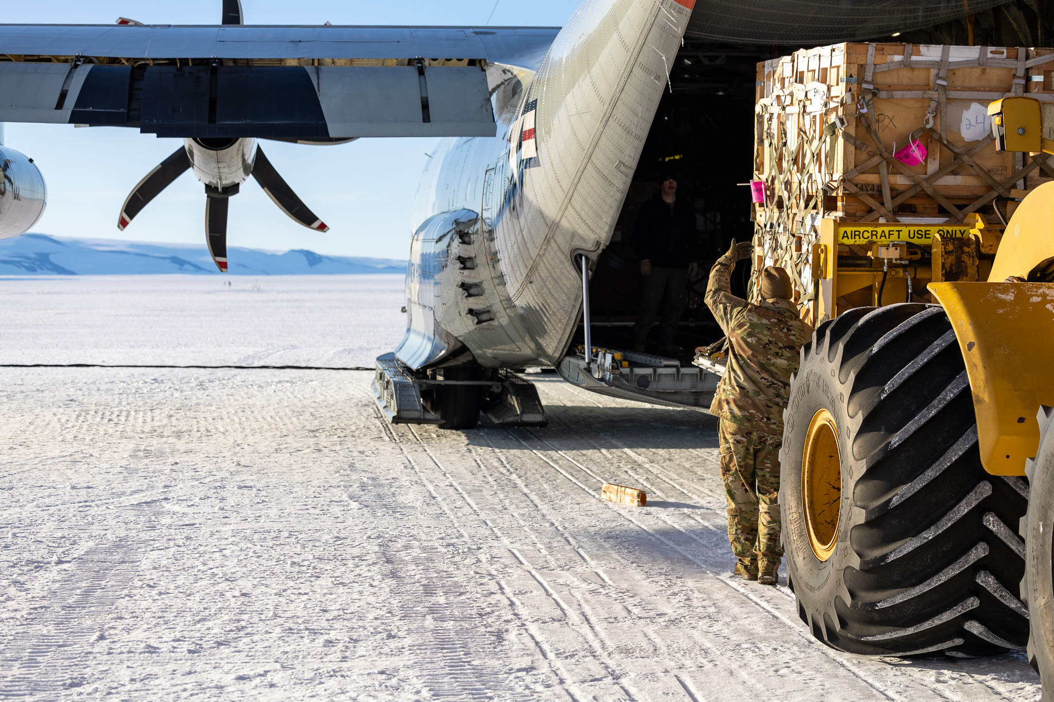 An LC-130 assigned to the 109th Airlift Wing, New York Air National Guard at McMurdo Station, Antarctica during the 2024-25 Operation Deep freeze support season.