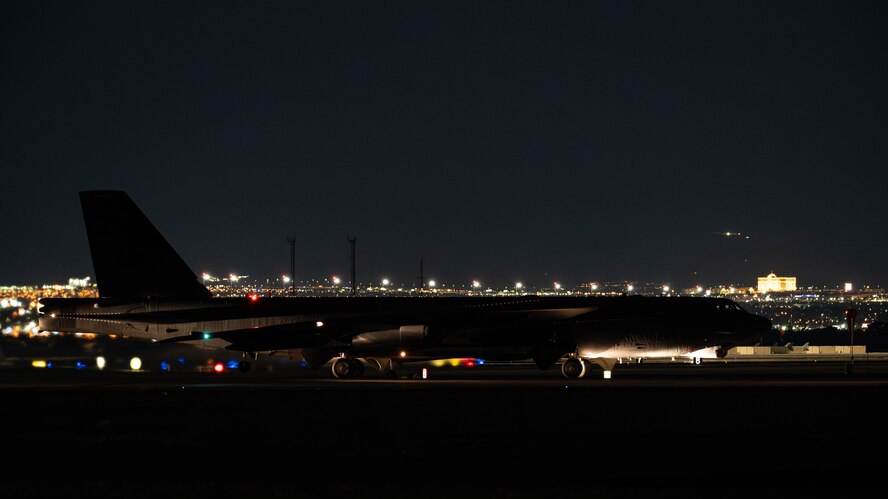 A U.S. Air Force B-52H Stratofortress assigned to the 23rd Bomb Squadron taxis on the flightline during Red Flag 25-2 at Nellis Air Force Base, Nevada, March 11, 2025. Exercises such as Red Flag deter potential adversaries by demonstrating the ability to deploy long range strike forces and deliver decisive effects. (U.S. Air Force photo by Senior Airman Kyle Wilson)