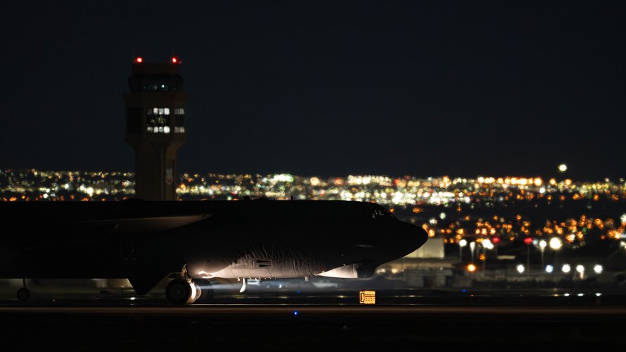 A U.S. Air Force B-52H Stratofortress assigned to the 23rd Bomb Squadron taxis on the flightline during Red Flag 25-2 at Nellis Air Force Base, Nevada, March 11, 2025. Exercises such as Red Flag deter potential adversaries by demonstrating the ability to deploy long range strike forces and deliver decisive effects. (U.S. Air Force photo by Senior Airman Kyle Wilson)