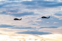 UH-60 Black Hawk helicopters conduct flight operations during Red Flag 25-2 at Nellis Air Force Base, Nevada, March 11, 2025. Red Flag is an opportunity to enhance the readiness and training necessary to respond as a joint force to any potential crisis or challenge across the globe. (U.S. Air Force photo by Senior Airman Kyle Wilson)