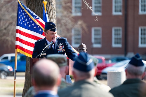 U.S. Air Force Gen. Johnny D. Lamontagne, commander of Air Mobility Command, delivers remarks during the American Tanker Association Hall of Fame bust unveiling ceremony for retired Gen. Paul K. Carlton on Scott Air Force Base, Illinois, March 13, 2025. Carlton led Operation Homecoming which brought 591 American prisoners of war home from Vietnam in 1973. (U.S. Air Force photo by Senior Airman De’Quan Simmons)