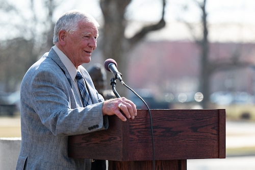 Retired U.S. Air Force Lt. Gen. Paul K. Carlton Jr., son of Gen. Paul K. Carlton, delivers remarks during the American Tanker Association Hall of Fame bust unveiling ceremony for his father on Scott Air Force Base, Illinois, March 13, 2025. Carlton’s father directed the rapid mobilization of C-141 and C-5 fleets within nine hours of President Nixon’s order during the Yom Kippur War. (U.S. Air Force photo by Senior Airman De’Quan Simmons)