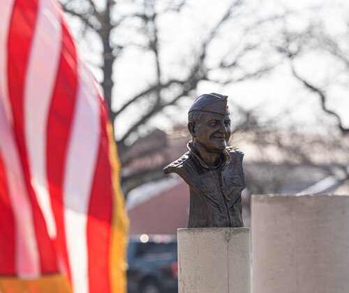 The late U.S. Air Force Gen. Paul K. “PK” Carlton, a former commander of Air Mobility Command, is recognized with a bust on the Airlift Tanker Association Hall of Fame memorial walk on Scott AFB, Illinois, March 13, 2025. Carlton was the 37th member to be inducted into the A/TA Hall of Fame. (U.S. Air Force photo by Airman 1st Class Devin Morgan)