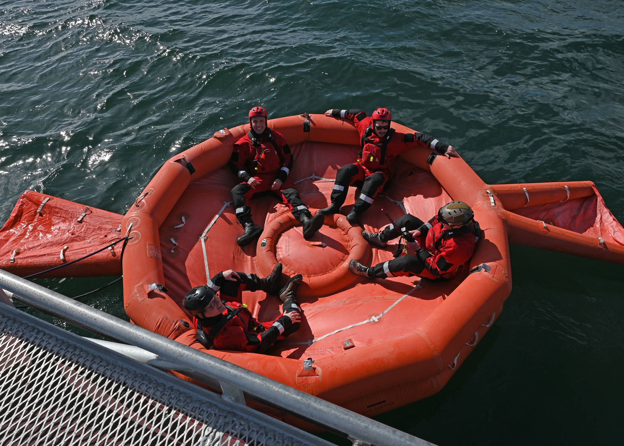 U.S. Airmen assigned to Fairchild Air Force Base, Washington, set up for a water rescue scenario during Exercise Bamboo Eagle 25-1, in the San Diego Bay, California, Feb. 14, 2025. The 414th Combat Training Squadron Detachment 1 aided in the development of the training scenario and helped test new tactics and technologies for use in realistic combat situations. (U.S. Air Force photo by Staff Sgt. Abbey Rieves)