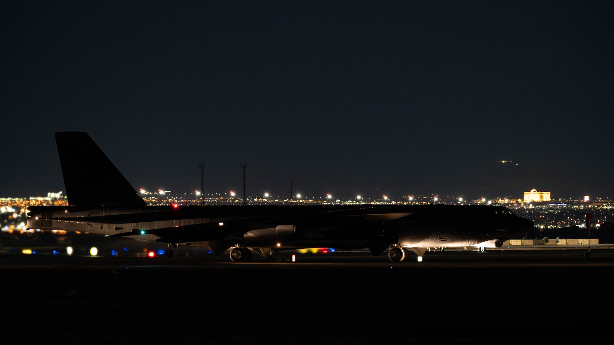 A U.S. Air Force B-52H Stratofortress assigned to the 23rd Bomb Squadron taxis on the flightline during Red Flag 25-2 at Nellis Air Force Base, Nevada, March 11, 2025. Exercises such as Red Flag deter potential adversaries by demonstrating the ability to deploy long range strike forces and deliver decisive effects. (U.S. Air Force photo by Senior Airman Kyle Wilson)