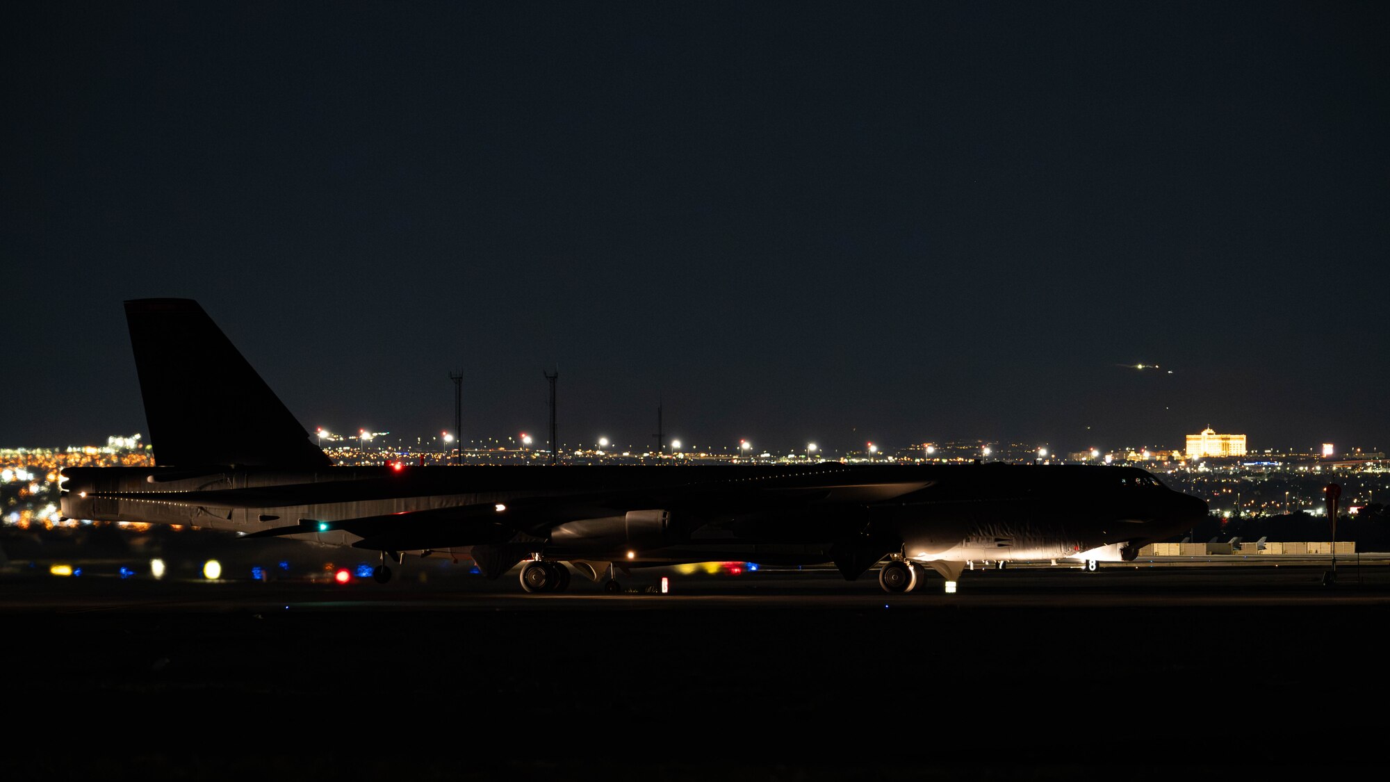 A U.S. Air Force B-52H Stratofortress assigned to the 23rd Bomb Squadron taxis on the flightline during Red Flag 25-2 at Nellis Air Force Base, Nevada, March 11, 2025. Exercises such as Red Flag deter potential adversaries by demonstrating the ability to deploy long range strike forces and deliver decisive effects. (U.S. Air Force photo by Senior Airman Kyle Wilson)